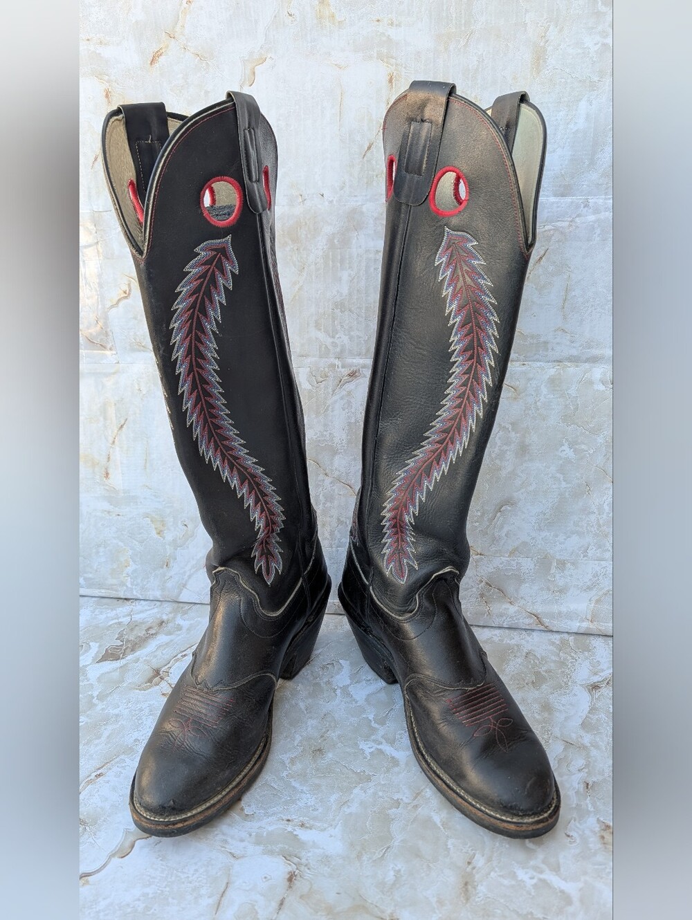 Olathe Boot Company. Black Leather Cowboy Boots with Stitching